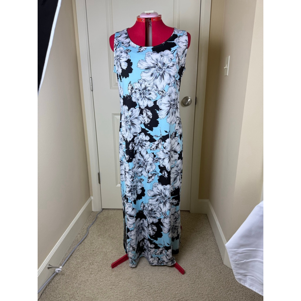 NWT Women's Nina Leonard Blue Black White Floral Sleeveless Maxi Dress XL - Picture 3 of 10